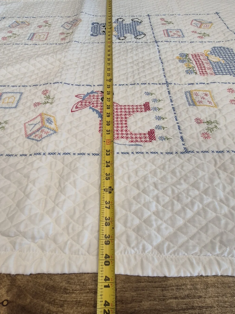 Vintage Handmade Crosstitch Baby Quilt- White with Blue and Pink Animal Motifs